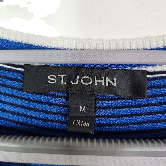ST. JOHN Sweater Womens Medium Blue Striped Wool Cashmere Blend Knit Top - Picture 8 of 8